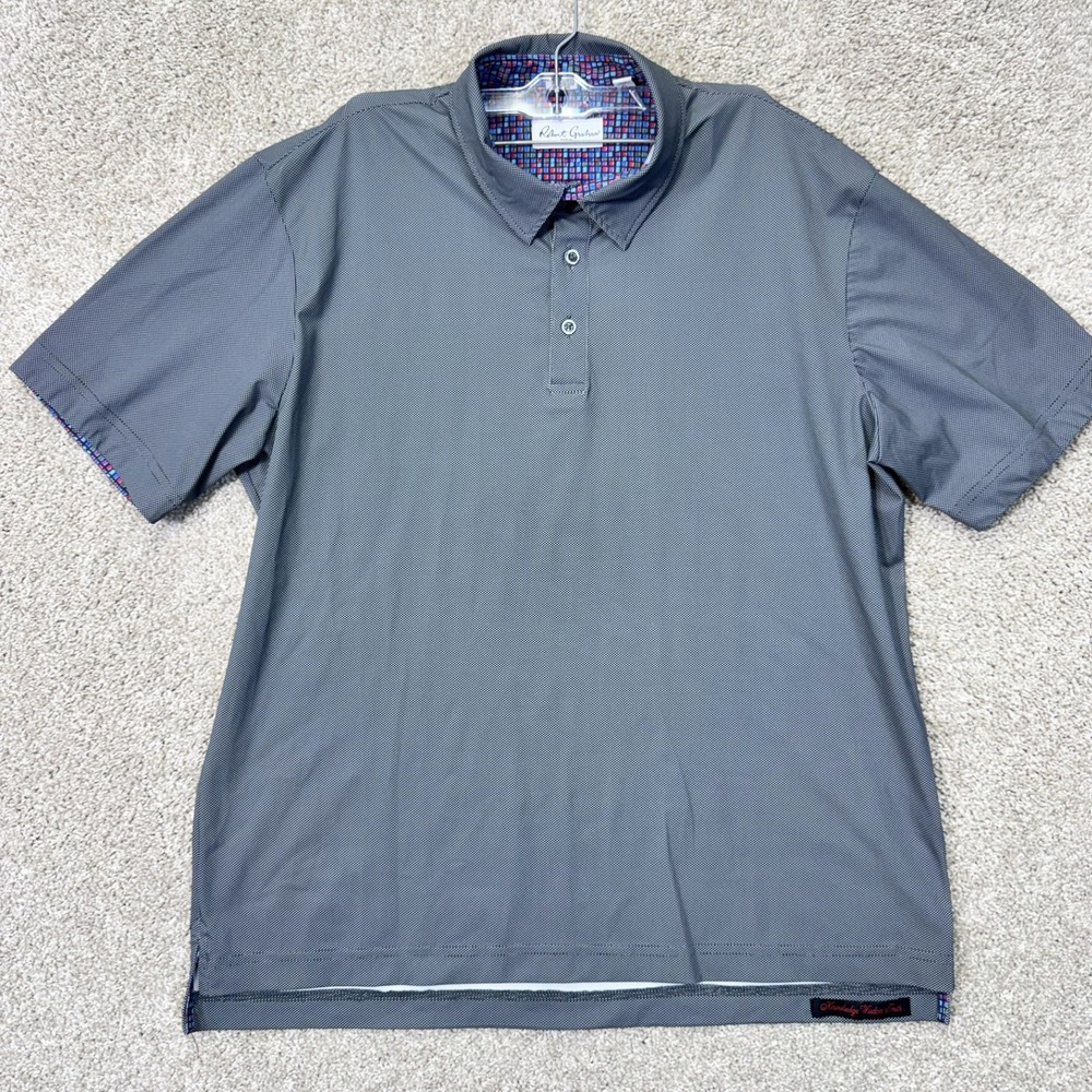 Robert Graham Polo Shirt Mens L Classic Fit Grey Micro Pattern Contrast EUC